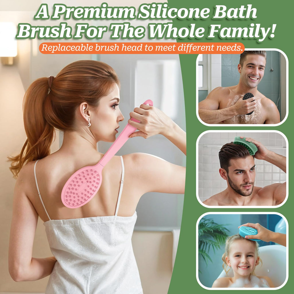 GEENOA Silicone Back Scrubber for Shower, Gentle Shower Scrubber for Lathering, Softe Silicone Loofah with Two Replaceable Brush Heads, Good for Kids, Sensitive Skin(Pink-Two Heads)