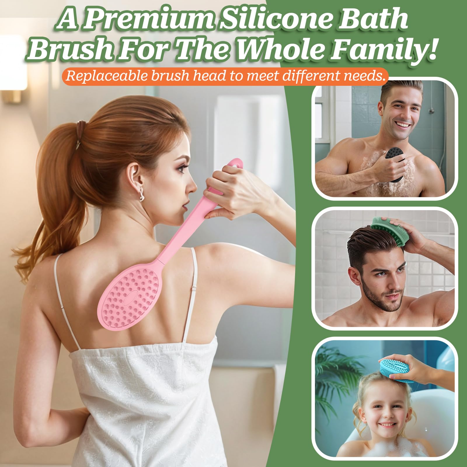 GEENOA Silicone Back Scrubber for Shower, Gentle Shower Scrubber for Lathering, Softe Silicone Loofah with Two Replaceable Brush Heads, Good for Kids, Sensitive Skin(Pink-Two Heads)