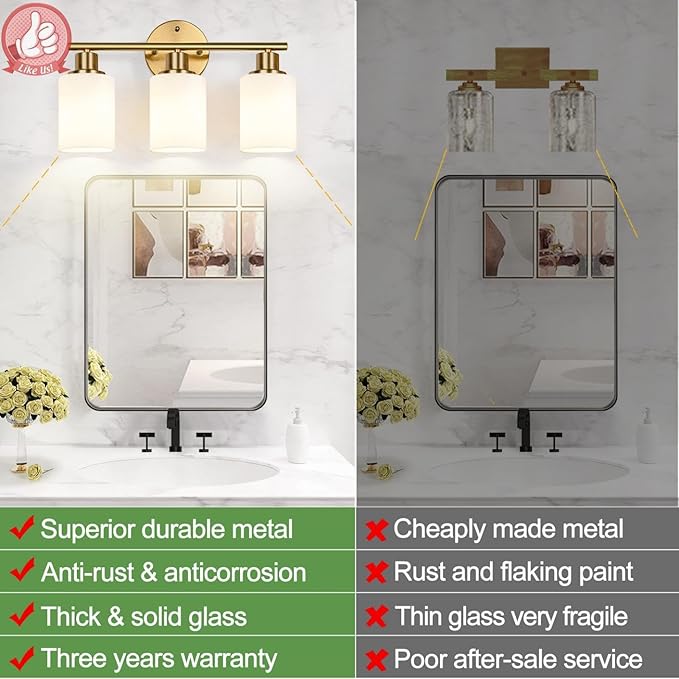 Zarbitta 3-Light Bathroom Light Fixtures, Brushed Gold Vanity Light, Farmhouse Wall Lights with Milky White Frosted Glass Shades, Bathroom Wall Lamp for Mirror Kitchen Bedroom Hallway Living Room