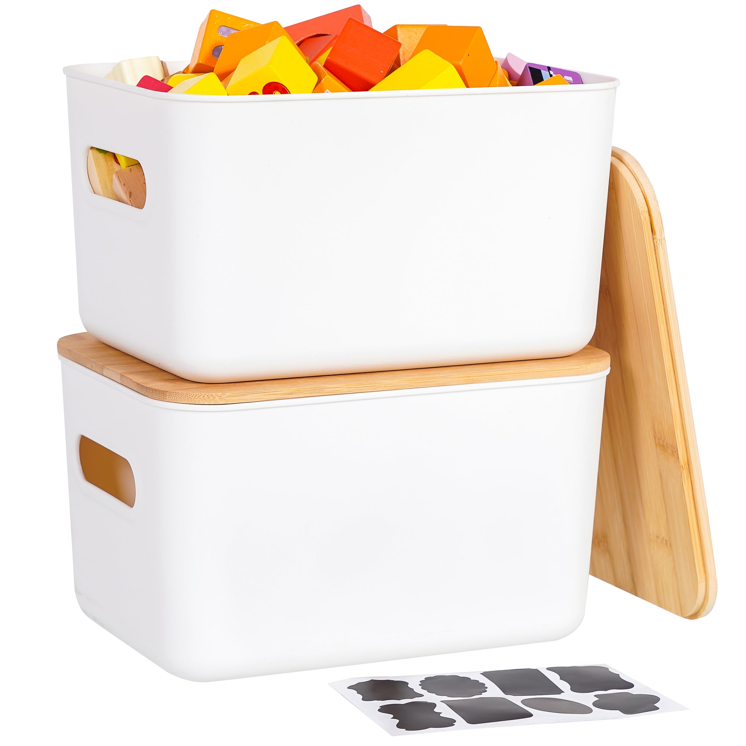 Citylife Storage Bins with Bamboo Lids 7QT Plastic Storage Containers Stackable Organizer Boxes with Handle for Desk Snacks, Toys, 2 PCS, 10" L x 7" W x 5.8" H