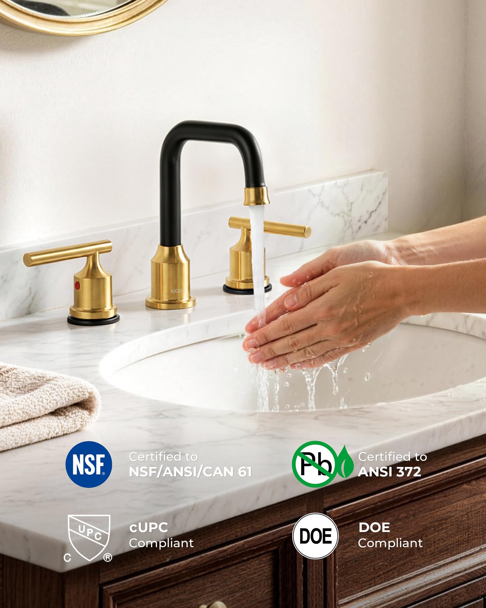 WOWOW Black Gold Bathroom Faucet 3 Hole, Widespread Vanity Sink Faucets
