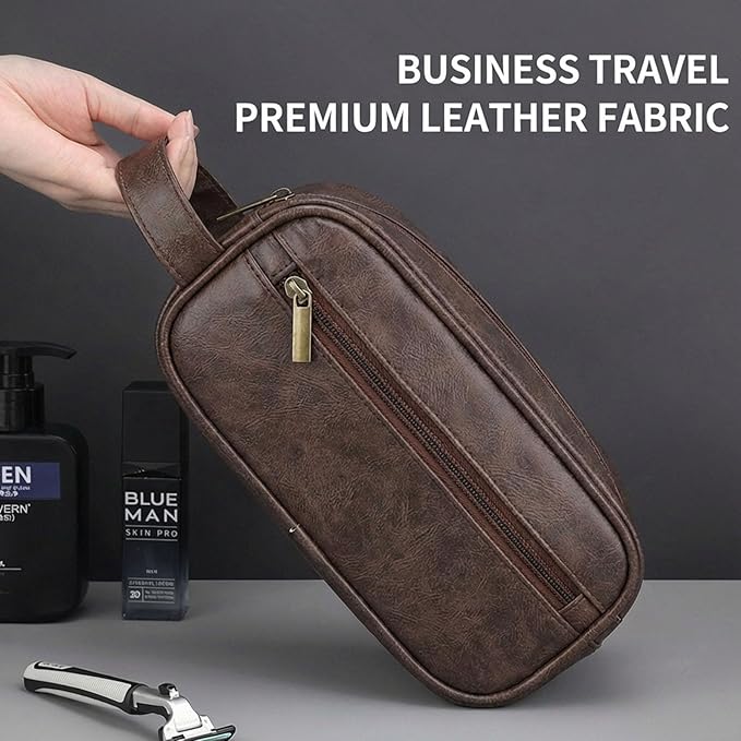 Men’s Toiletry Bag - Vintage PU Leather Kit for Travel - Water-Resistant Shaving Bag,Compact Pouch Gift for Husband, Dad (Brown)