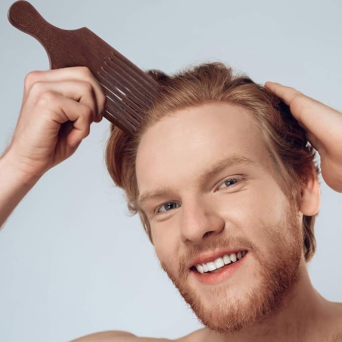 Patelai 2 Pcs Wooden Beard Pick Afro Beard Comb Wood Hair Pick Long Tooth Detangling Comb for Men Women
