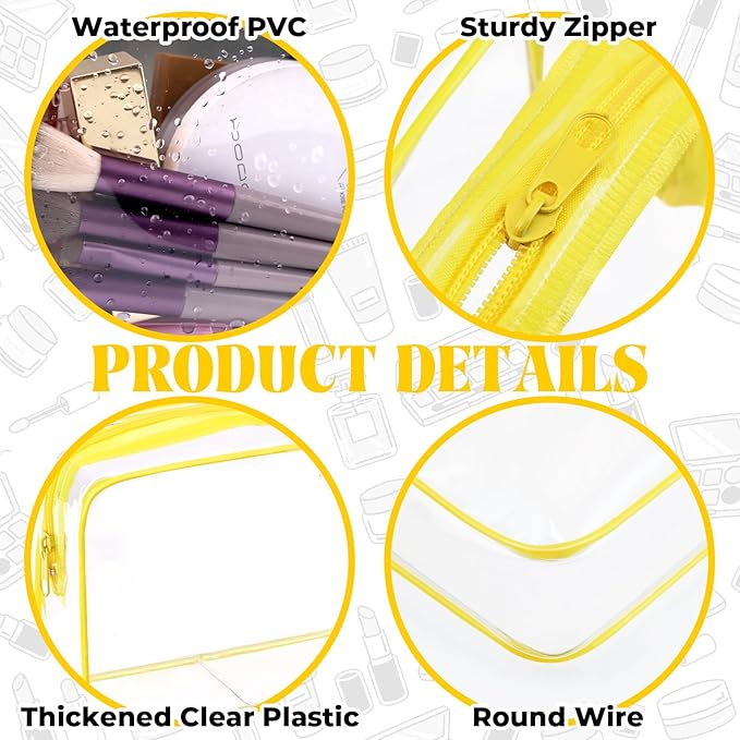 CHICAUP 6 Pieces Clear Makeup Bags Bulk TSA Approved Toiletry Bag for Travel PVC Waterproof Clear Cosmetic Pouch with Zipper for Men and Women Carry-on Travel Essentials (Yellow)