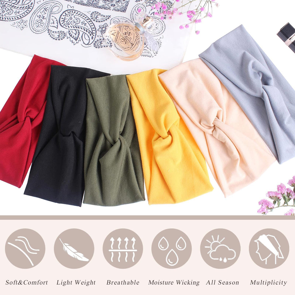 XTREND 6 Pcs Headbands for Women Twisted Cross Elastic Head Bands Yoga Workout Headband Non-Slip Sweat Soft Headbands Solid Color Simple Versatile Hair Accessory Hairbands
