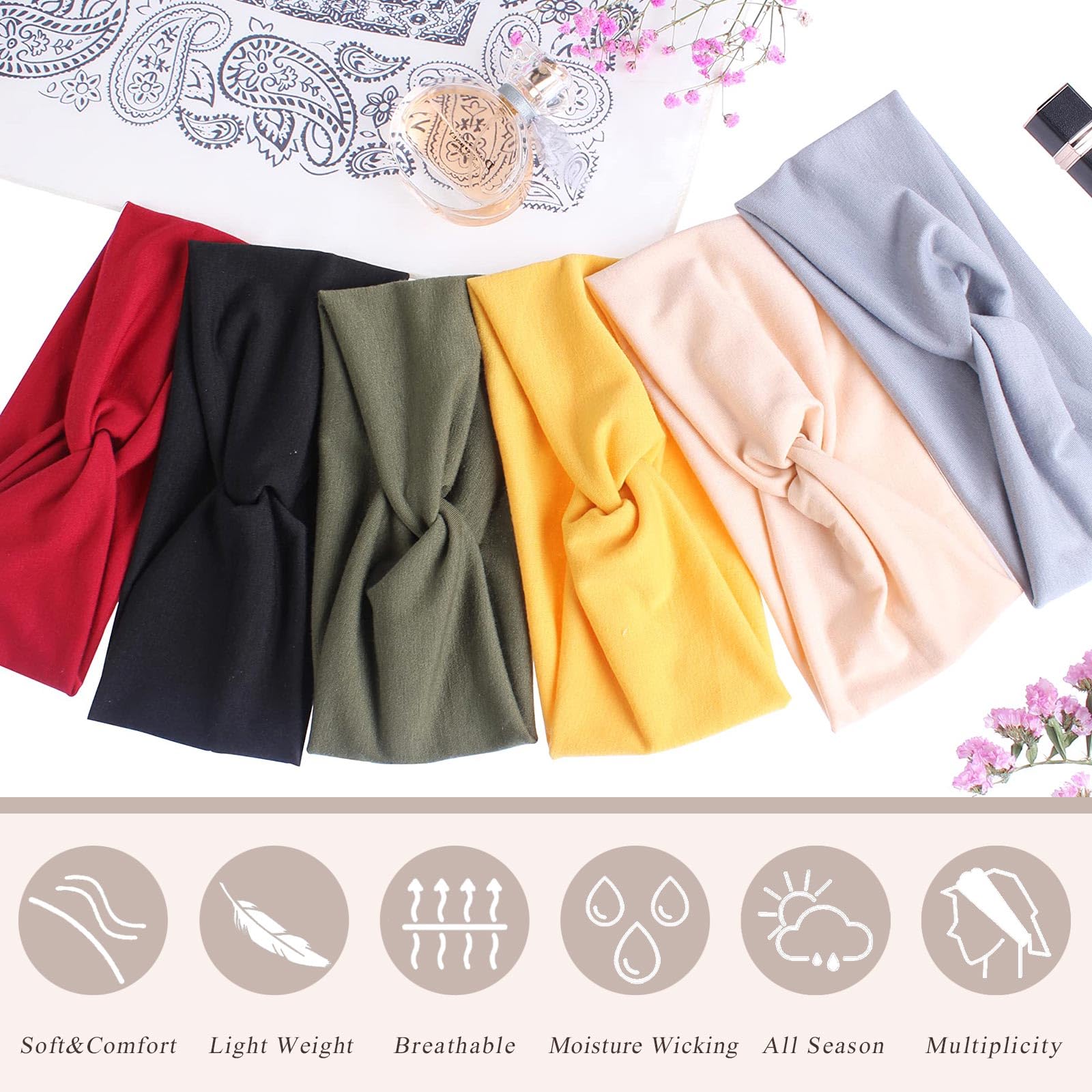 XTREND 6 Pcs Headbands for Women Twisted Cross Elastic Head Bands Yoga Workout Headband Non-Slip Sweat Soft Headbands Solid Color Simple Versatile Hair Accessory Hairbands