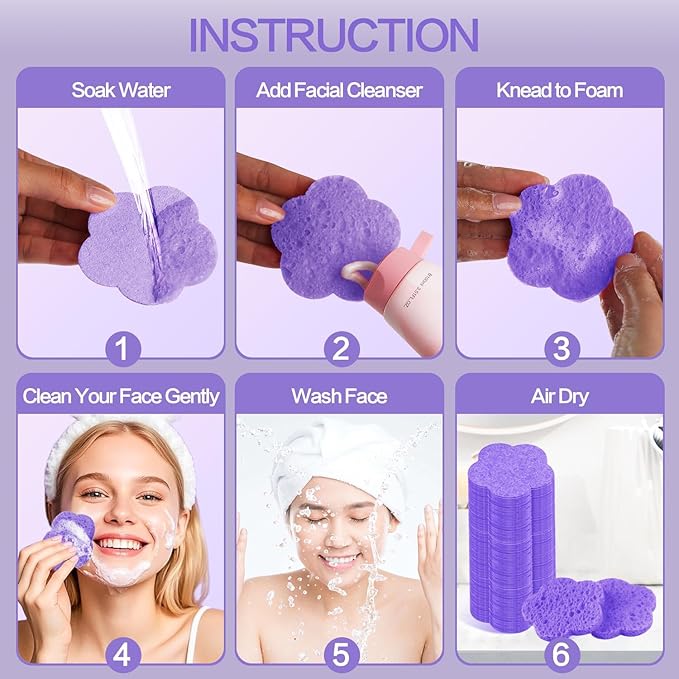 Spunspon 50-Count Facial Sponges, Natural, Modern Flower Shape, Purple, Reusable, Exfoliating, Cleansing, Makeup Gift