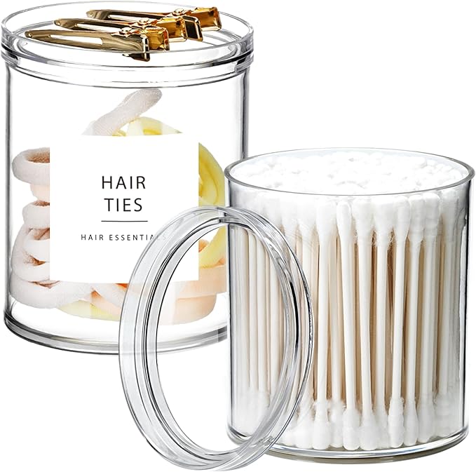 SheeChung 2-Pack Stackable Qtip Holder with Storage Lids - Clear Plastic Apothecary Jars for Bathroom Organization - Shatterproof Cotton Swab Dispenser with Labels - 10oz Vanity Counter Organizer