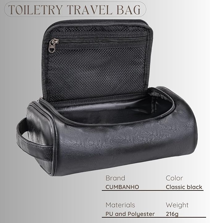 Mens Toiletry Bag, Compact Dopp Kit for Men Travel, PU Leather Shaving Kit, Water-Resistant Minimalist Organizer with Wrist Strap, Fits Grooming Essentials,Large 10x6.5x4 Inch Classic Black