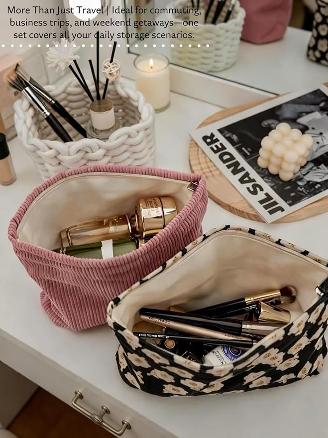 RIKMOXR 2 large cosmetic bags Ladies' corduroy canvas makeup bag, travel makeup bag, purse storage bag, featuring black floral and pink patterns