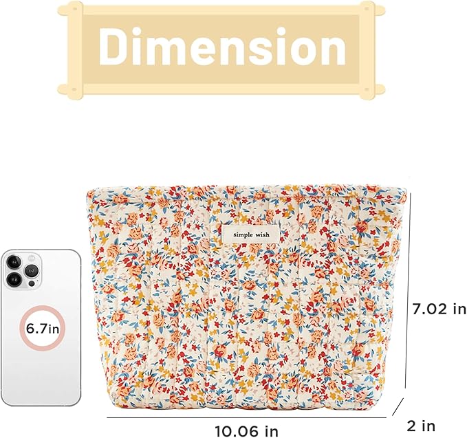 Sminra Quilted Floral Makeup Bag for Women, Cotton Cosmetic Pouch with Zipper, Slim Travel Toiletry Organizer for Makeup, Skincare and Daily Essentials Organizer (Red Floral-L)