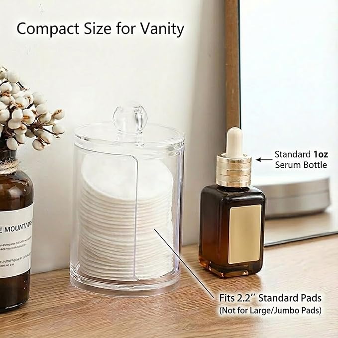 AkoSlale 10oz Cotton Round Holder with Lid - Clear Plastic Cotton Pad Dispenser for Bathroom Vanity, Shatterproof Countertop Organizer Apothecary Jar for Makeup Remover Pads & Skincare Routine