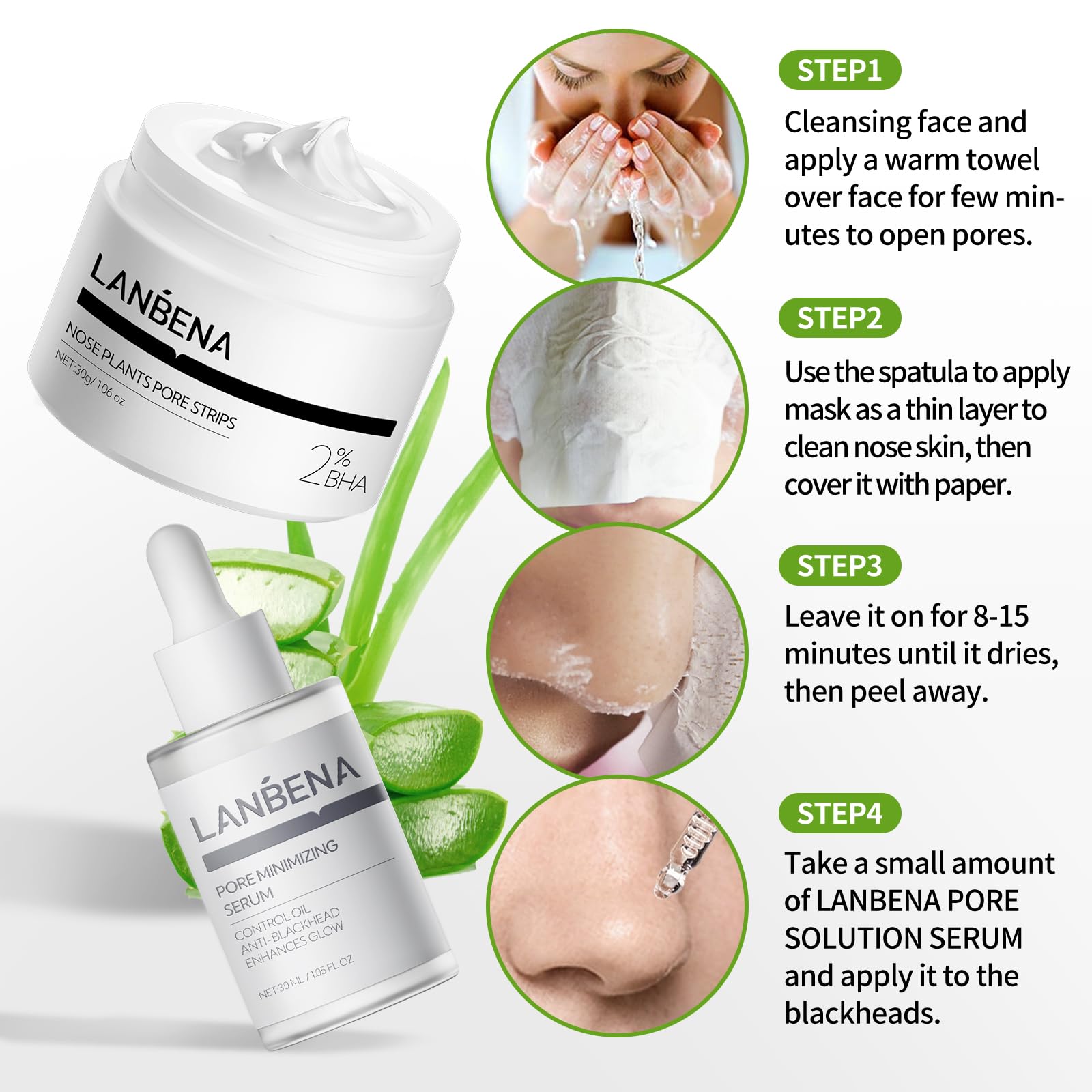 LANBENA 3 in 1 Blackhead Removing Set, Pore Strips+Pore Solution Serum+Removal Strip Paper, Black Head Remover Mask for Face, Pore Minimizer & Reducer for Face, Leaving Your Skin Fresh and Clean