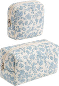 2 Pcs Quilted Cotton Makeup Bag Set, Small Aesthetic Cosmetic Bag with Floral Pattern, Cute Makeup Pouch for Purse, Kawaii Trendy Preppy Travel Toiletry Bag for Women and Girls(21 Blue Flower Set)