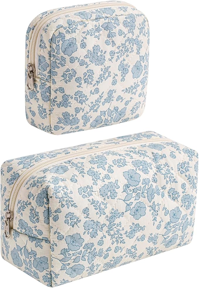 2 Pcs Quilted Cotton Makeup Bag Set, Small Aesthetic Cosmetic Bag with Floral Pattern, Cute Makeup Pouch for Purse, Kawaii Trendy Preppy Travel Toiletry Bag for Women and Girls(21 Blue Flower Set)
