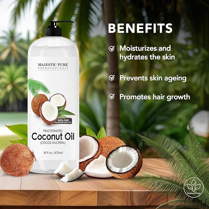 Majestic Pure Fractionated Coconut Oil – Lightweight Liquid Carrier Oil for Essential Oils, Massage, Skin, Hair & DIY Personal Care Applications -16 Fl Oz