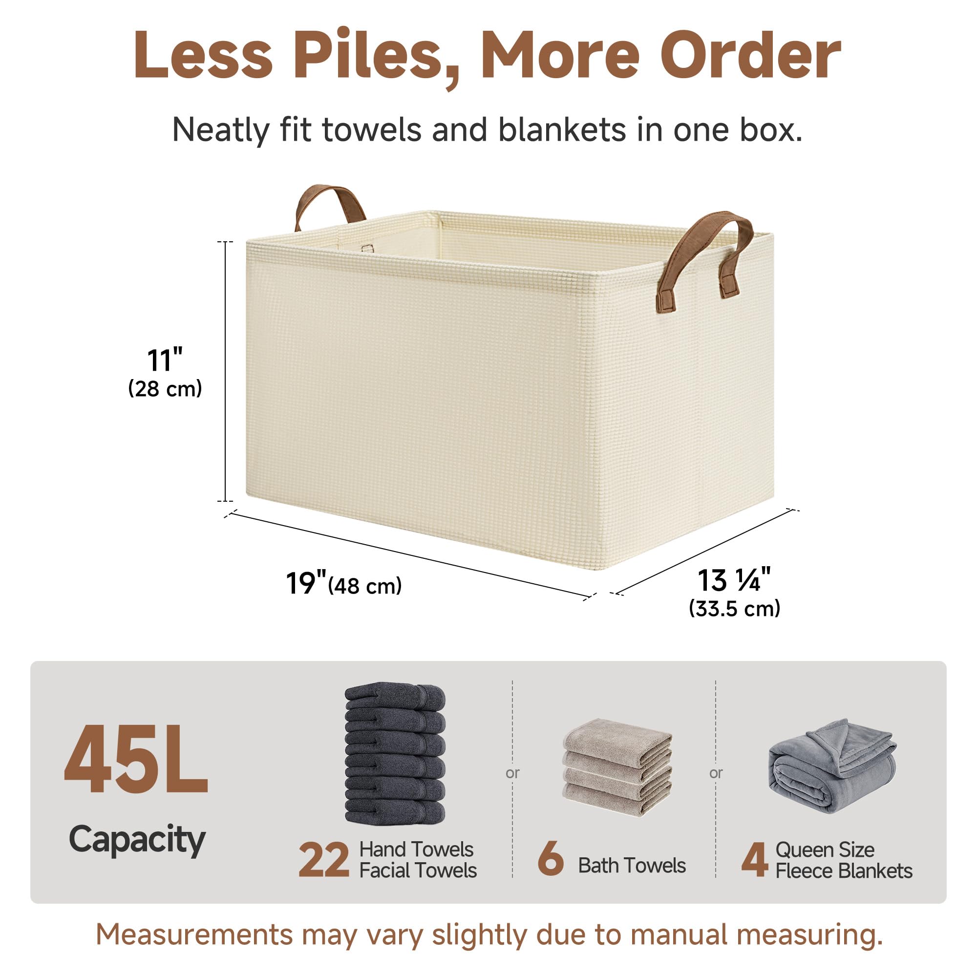 StorageWorks Storage Bins, Shelves Baskets for Organizing, 45L Extra Large Fabric Closet Organizers with Handles, Metal Frame, Beige-Texture, 2-Pack