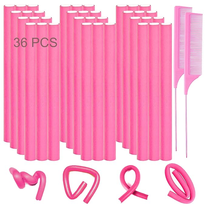 Jusbuya 38PCS Flexible Curling Rods, 9.45" FlexiRods for Natural Long Hair, No Heat Heatless Bendy Foam Hair Curlers, with 2 Steel Pintail Combs