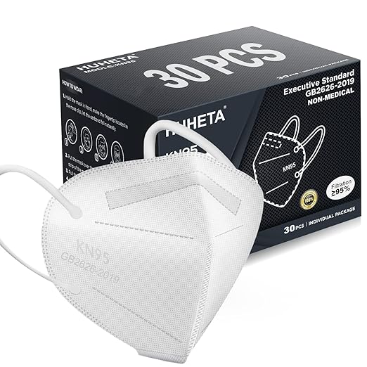 HUHETA KN95 Face Mask 60 PCs, 5-Ply Safety Masks for Men & Women, Filter Efficiency Over 95% Individually Wrapped (Blue Mask)