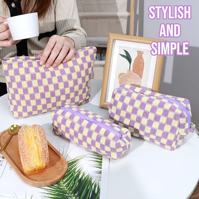 Gocvo 3 Pcs Makeup Bag Checkered Cosmetic Bag Large Capacity Traveling Toiletry Pounch Organizer Cute Makeup Brushes Aesthetic Accessories Storage Bag for Girls Women (Purple-White)