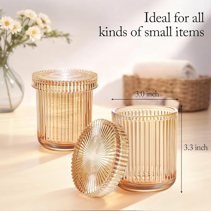 SheeChung Glass Qtip Holder Dispenser, 4-Pack Glass Apothecary Jars - Vintage Sunburst Bathroom Organizer Set - Cotton Swab Ball Pad Storage - Bathroom Accessories Decor（Amber）