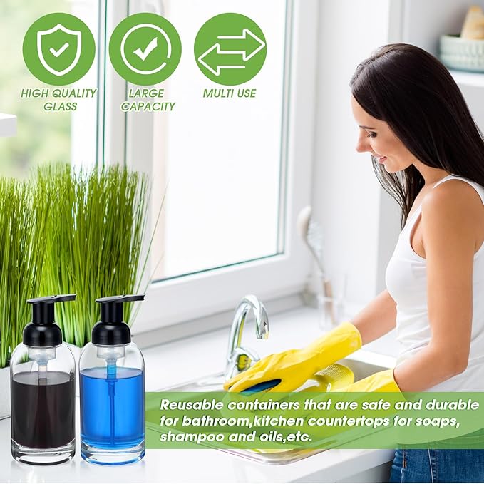 Eccliy 4 Pack 13 oz Foaming Hand Soap Dispenser Clear Glass Jar Soap Dispenser with Foaming Pump, Clear Thick Hand Liquid Dish Pump Round Bottles for Bath Home Kitchen Oil Lotion