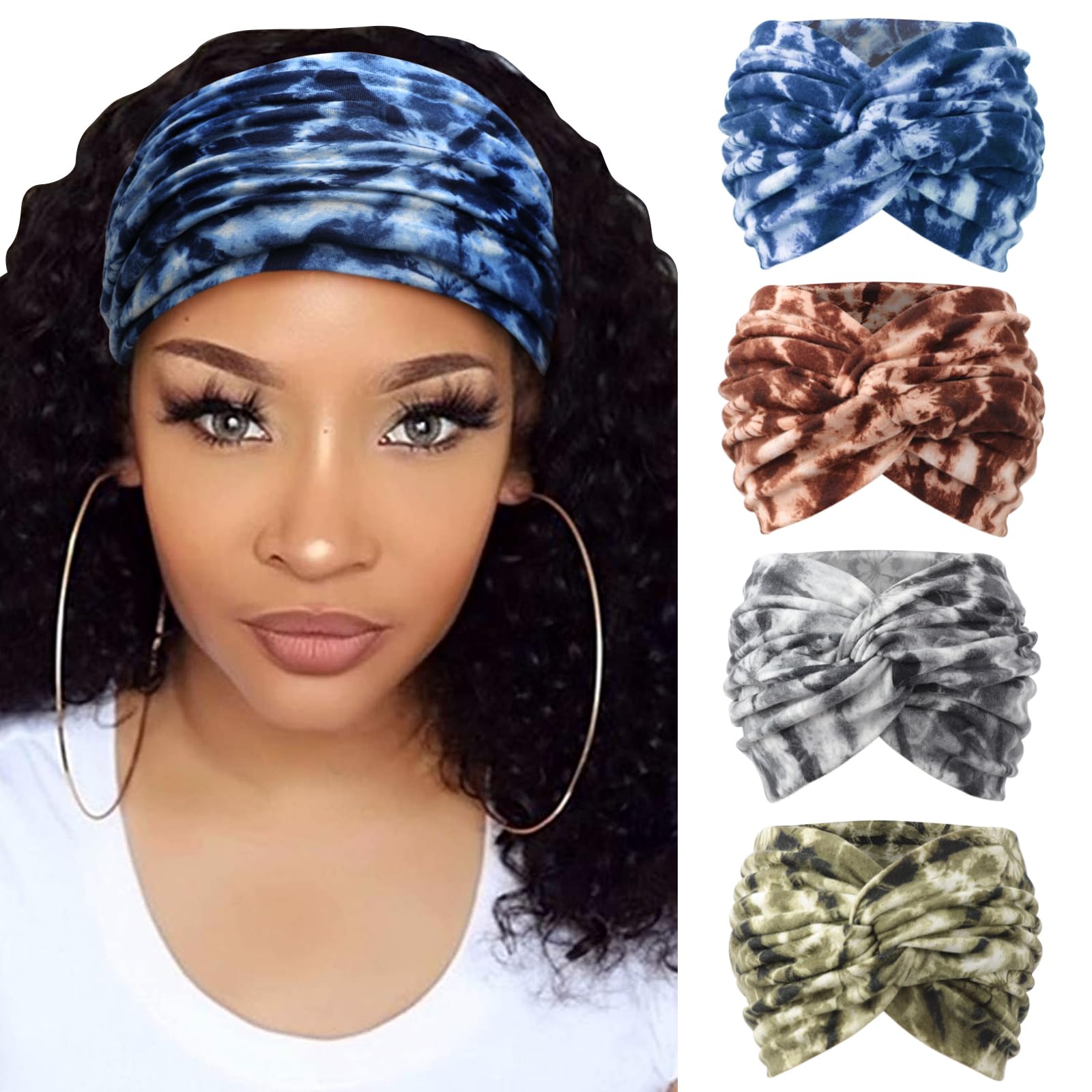 DRESHOW 4 Pack Turban Headbands for Women Wide Vintage Head Wraps Knotted Cute Hair Band Accessories