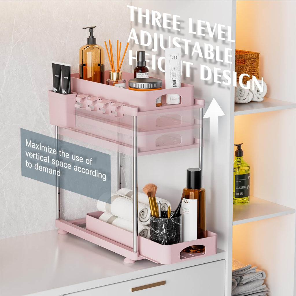 VERIFOST Under Sink Organizer, 2 Pack Kitchen and Bathroom Cabinet Organizer, 2 Tier Adjustable Height Storage, Pink