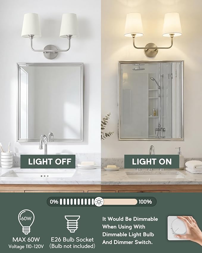 2-Light Bathroom Light Fixtures, Brushed Nickel Vanity Lights, Double Wall Sconce with Beige Fabric Shade, Modern Sconces Wall Lighting for Hallway Bedroom Stairway, VL837-BN-B-2