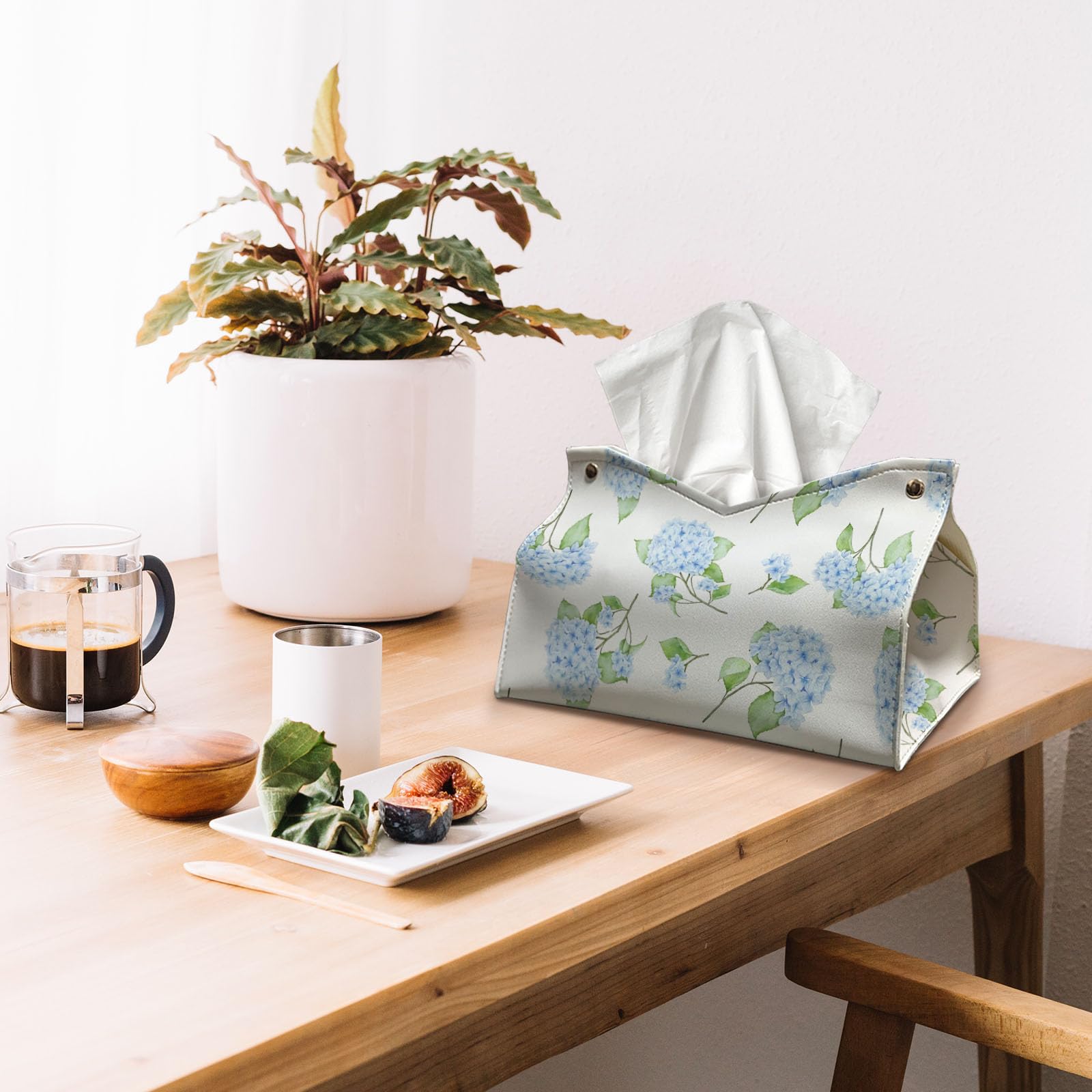 Hydrangea Tissue Box Cover Rectangle, Blue Flroal Tissue Box Holder Leather Facial Paper Case Decorative Organizer Holder Dispenser, Blue White Aesthetic Desk Accessories for Women Home 9.8x5.9x5.9