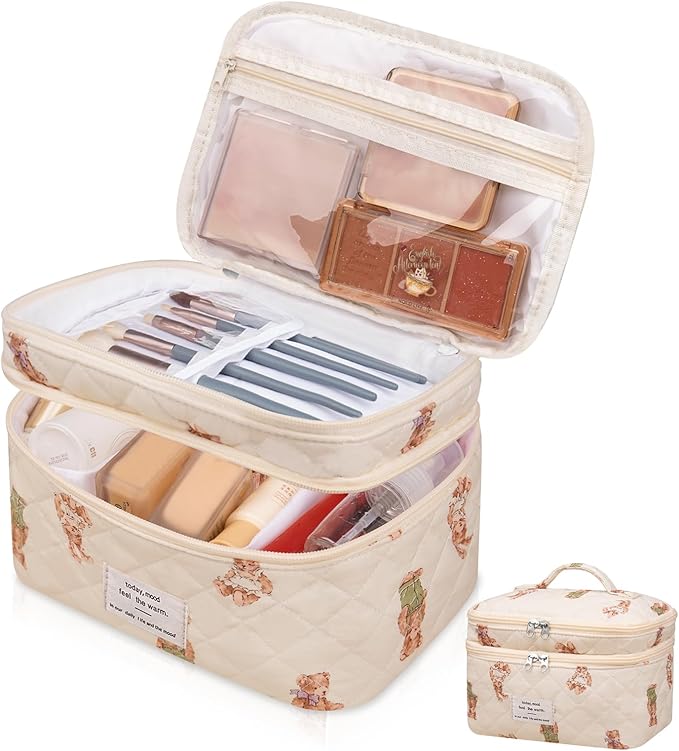 Gosect Makeup bag, Large Cosmetic Bag for Women Girls, Cute Quilted Makeup Bags, Floral Coquette Aesthetic Toiletry Bag, Travel Make Up Organizer Bag (Bear)