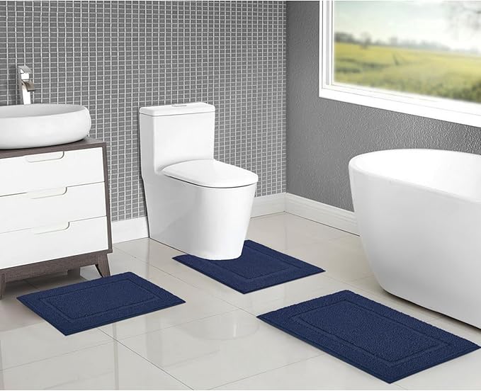 SHACOS Navy Blue Bathroom Rugs Sets 3 Piece Bath Mat U Shaped Toilet Rug