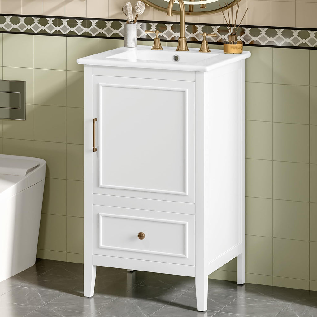 Bellemave 20 Inch Vanity with Sink, Free Standing Bathroom Vanity Cabinet with Soft Closing Door, Storage Rack, Drawer (White)