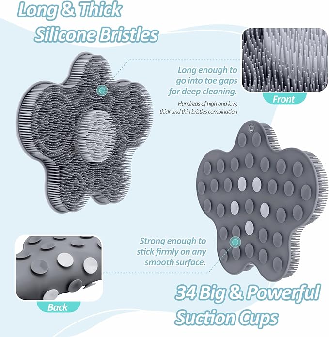 Upgrade Silicone Shower Foot Scrubber Mat & Silicone Bath Brush Set, Large Wall-Mounted Back Scrubber Back Washer to Clean, Exfoliate and Massage Without Bending(Gray+Soft Brush)