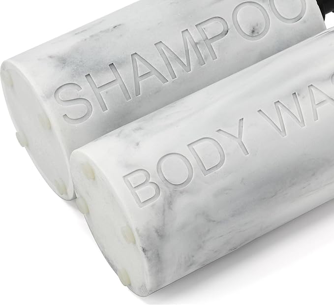 Indecor Home Marble Resin 2 Piece Shampoo and Body Wash Dispenser Set, Luxurious Refillable Pump Bottles with Matte Pump Top and Embossed Text, Durable Design for Bathroom and Shower