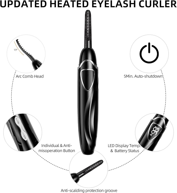 EYECURL Heated Eyelash Curler, Heated Lash Curler, Accurate Temperature Control Electric Eyelash Curler Heated - Intelligent Power Off, Natural Makeup (Black/Silver, S600-148MM)