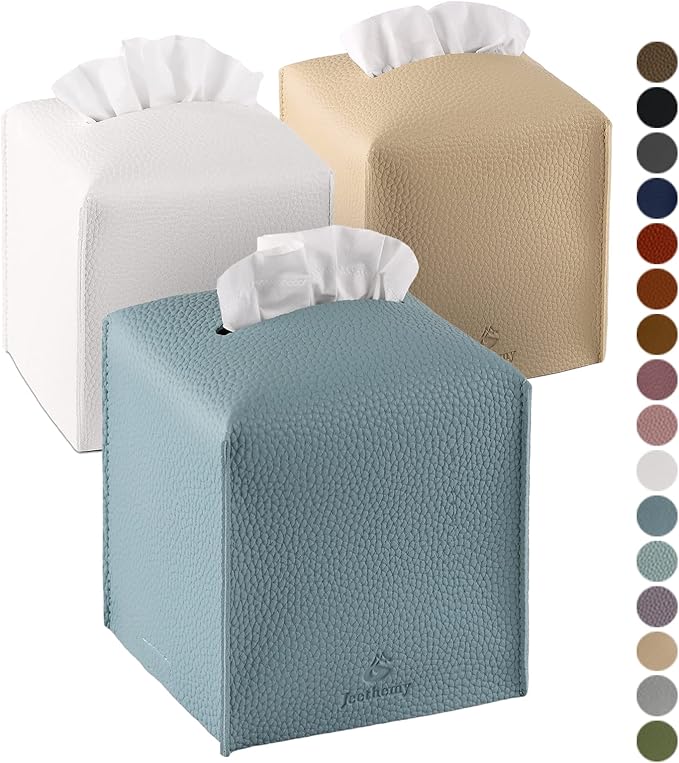 Tissue Box Cover, Jeethemy Square PU Leather Tissue Box Holder, Modern Tissue Case Facial Paper Organizer Dispenser，5X5X5'', Three Pack White&Beige&Blue