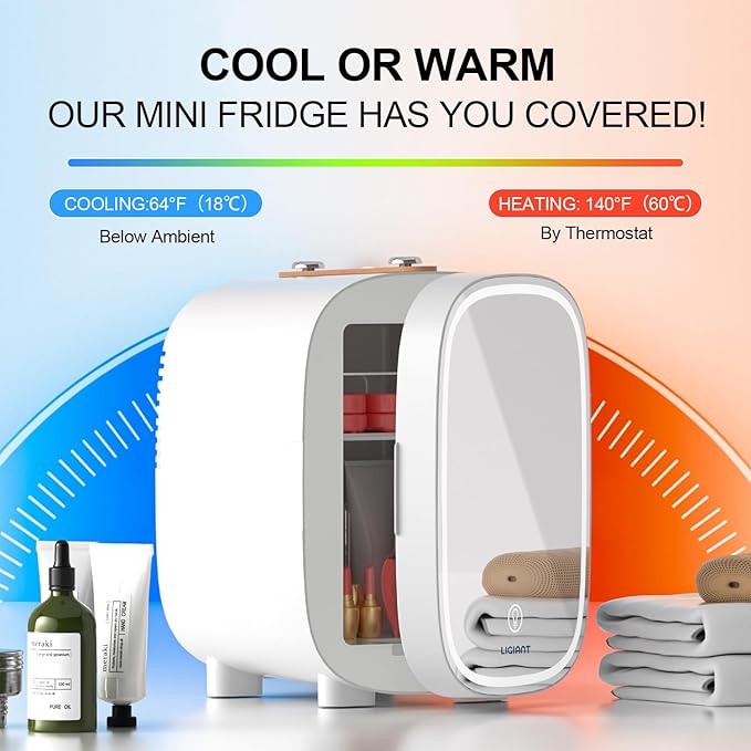LIGIANT Mini Fridge for Bedroom, 4L/6 Can Mini Makeup Fridge, Small Refrigerator w/3-Level Dimmable LED Light Mirror, Low Noise Fridge, Portable Thermoelectric Cooler&Warmer for Skincare