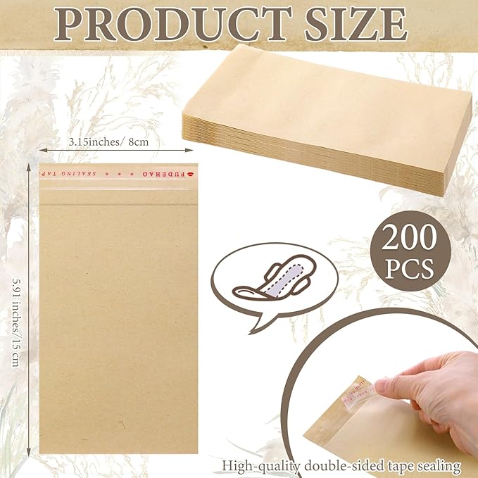 Saypacck 200 Pcs Tampons Disposal Bags Sanitary Napkin Disposal Bags Bulk Feminine Hygiene Disposal Bag Bulk Kraft Tampons Bag for Feminine Products with Self Adhesive for Women Girls, 5.91" x 3.15"