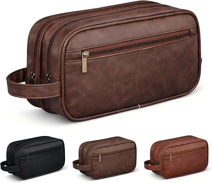 Men’s Toiletry Bag Travel Dopp Kit–double-deck Leather Water-Resistant Shaving Organizer Large Capacity, Double Compartments & Inner Pockets for Grooming, Bathroom & Gym Trip Toiletry Case(Coffee)