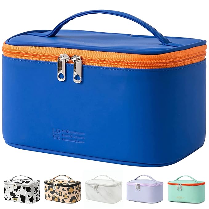 Meiyuuo Travel Makeup Bag for Women, PU Leather Cosmetic Bag, Navy Blue
