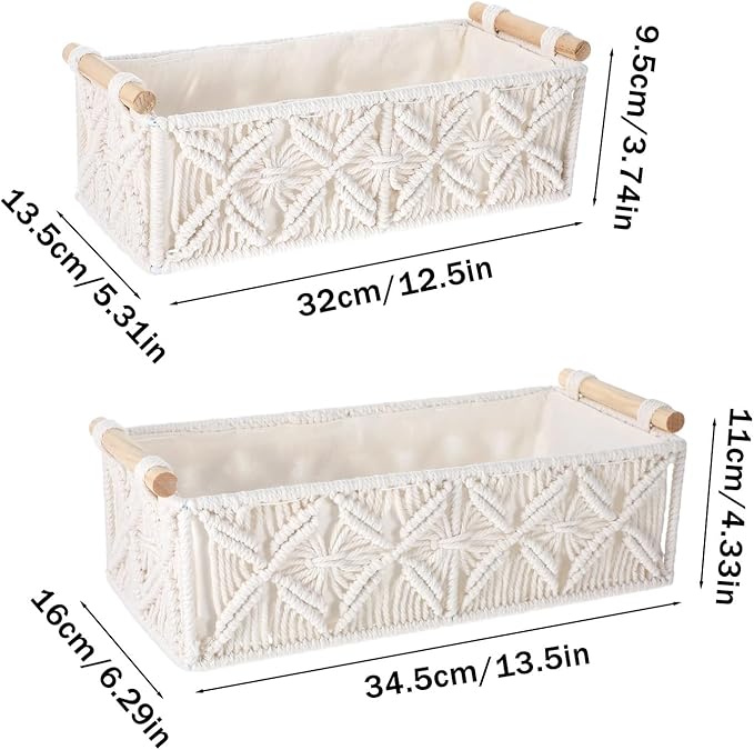 Macrame Storage Baskets 2PCS, Boho Woven Decorative Basket for Organizing with Handle, Countertop Toilet Paper Storage Container for Tank Bedroom Nursery Livingroom Entryway(White)