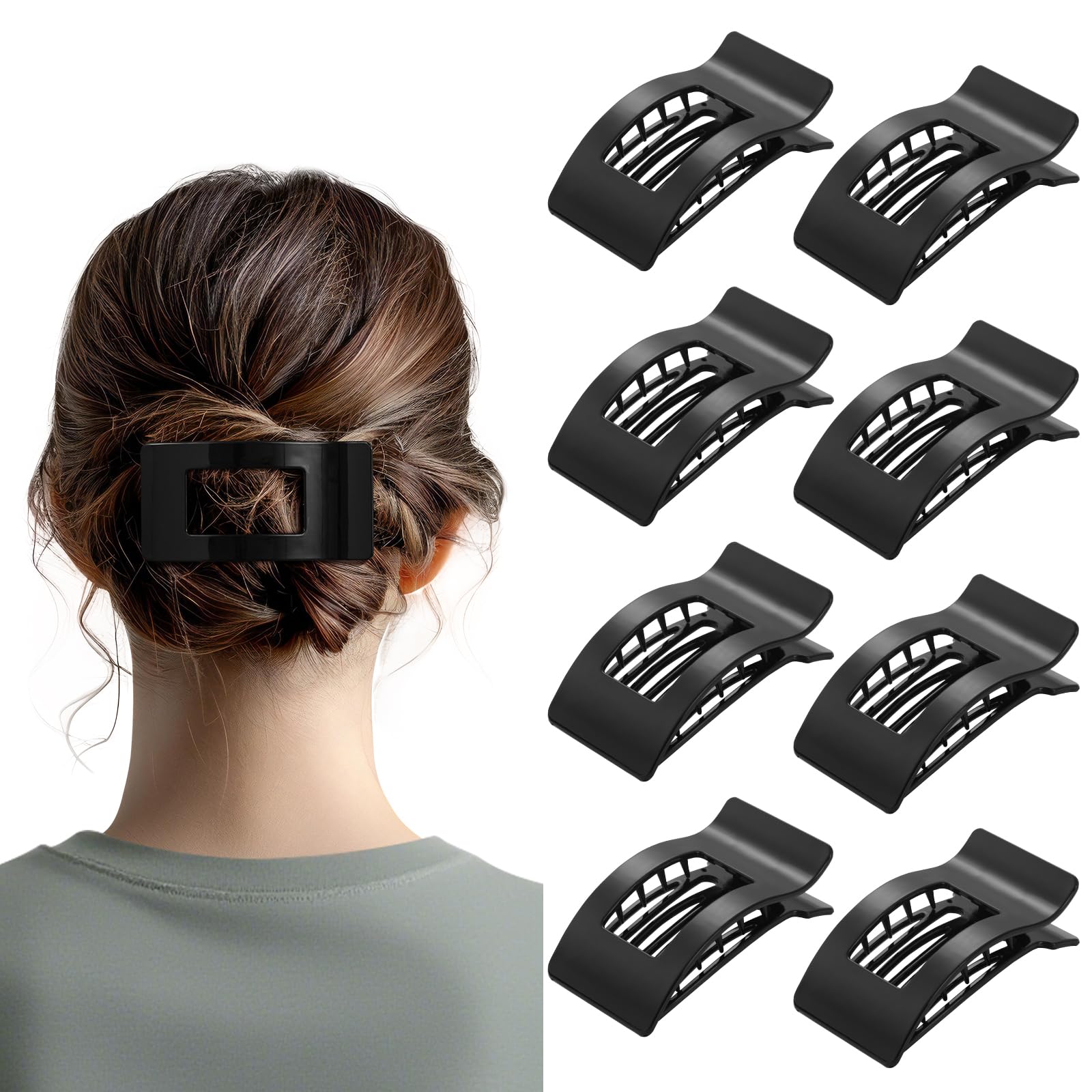 8 Pack French Flat Hair Clips for Women – Large Matte No-Slip Claw Barrettes for Thick & Thin Hair, Strong Hold Styling Accessories (Glossy Black)