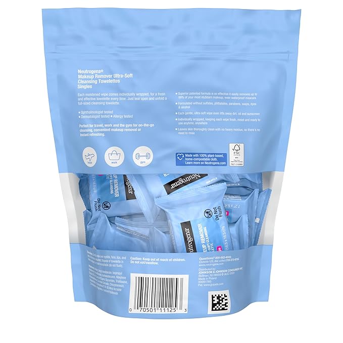 Neutrogena Makeup Remover Towelettes for Face with Micellar Water Daily Alcohol-Free Gently Removes Oil Dirt and Waterproof Makeup in a Simple Fully Plant-Based Cloth, 25 ct