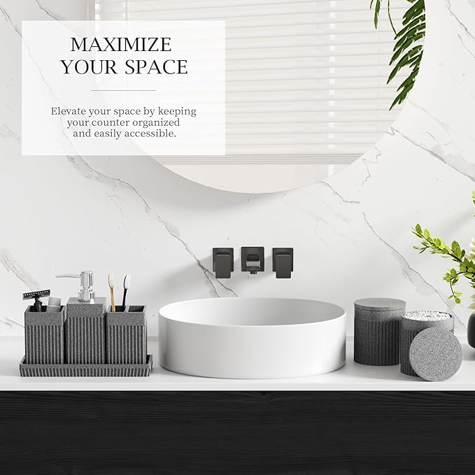 InnJoey 6-Piece Bathroom Set Grey - Stone Textured Resin Bathroom Organizer with Soap Dispenser, Toothbrush Holder, Vanity Tray, Tumbler & Cotton Swab Jars for Small Spaces