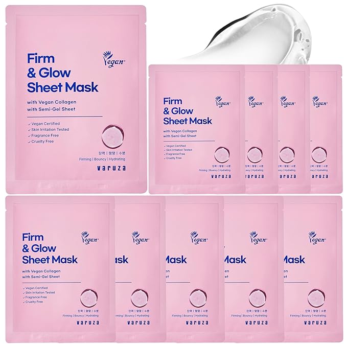 varuza Firm & Glow Sheet Mask with Vegan Collagen Semi-Gel Sheet Biodegradable 100% Cellulose Semi-Gel Sheet for Anti-Aging Hydration Elasticity Peptide Complex-9 Niacinamide 10 Count