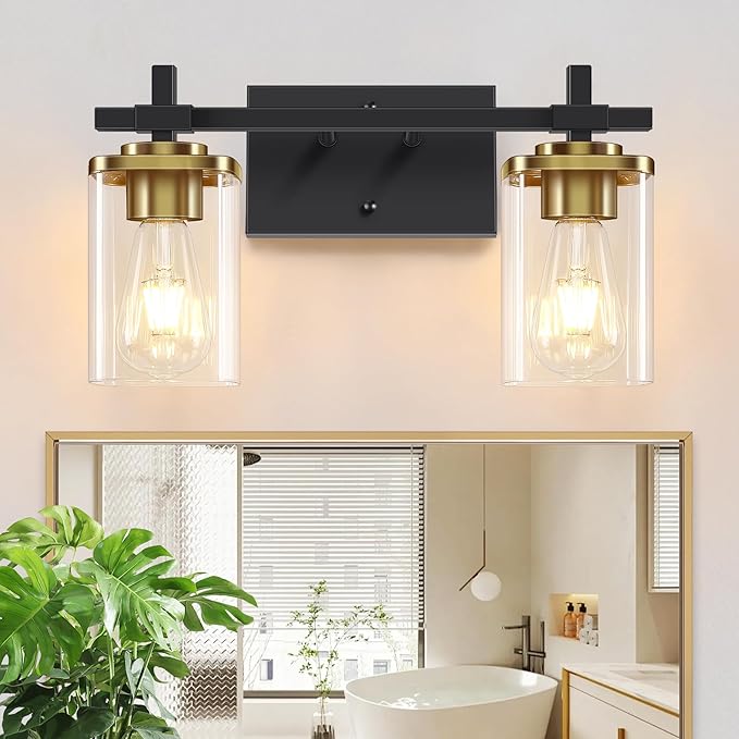 2-Lights Black and Gold Bathroom Light Over Mirror with Square Glass Shade and Metal Base, Gold Wall Vanity Lights for Bedroom, Stairs, Living Room, Hallway