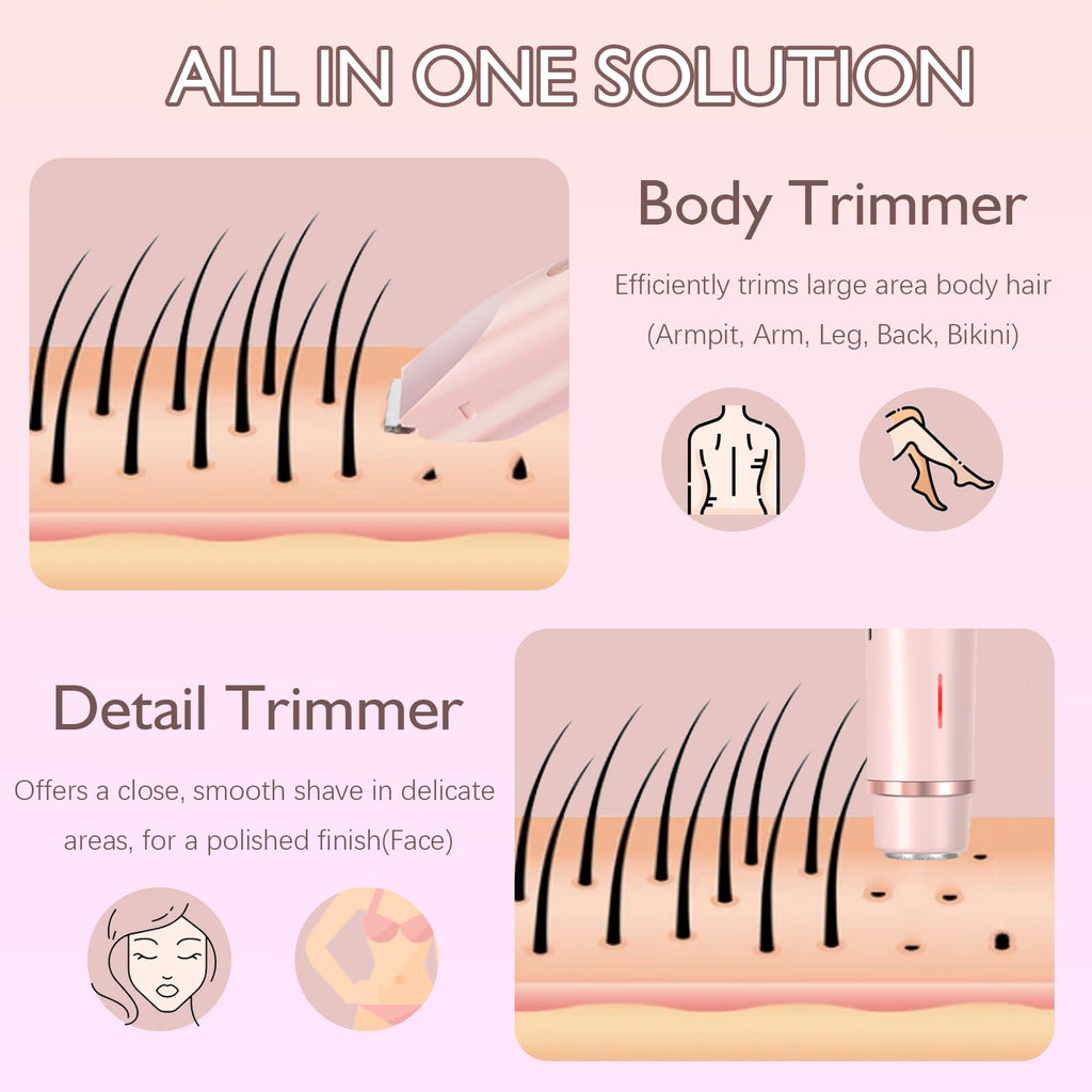 Bikini Trimmer for Women, 2-in-1 Dual Head Electric Razors for Women Pubic Hair, Waterproof Body Hair Trimmer and Face Shaver, Rechargeable Hair Removal for Bikini Legs Arm Sensitive Skin