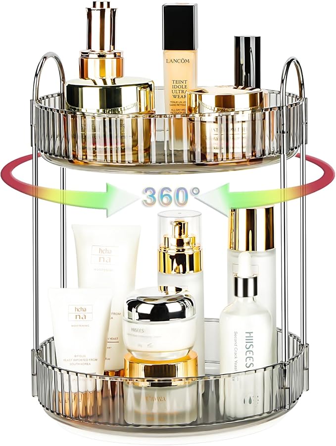 Niluks 360 Rotating Makeup Organizer, 2 Tier Lazy Susan Bathroom Counter Organizer, Skincare Organizers, Spinning Perfume Organizer & Vanity Organizer Countertop (Classic Grey, 2 Tier)