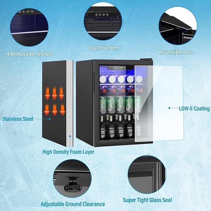 Erivess Compact Beverage Refrigerator, 105 Can/2.7 Cubic Feet Fridge with Glass Front Door for Soda, Beer or Wine, Under Counter Small Refrigerator with Adjustable Shelve & Digital Display(Black)